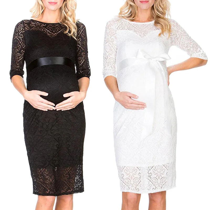 

Women Lady Maternity Dress Lace Seven Quarter Sleeve Round Collar Fashion Clothing AN88