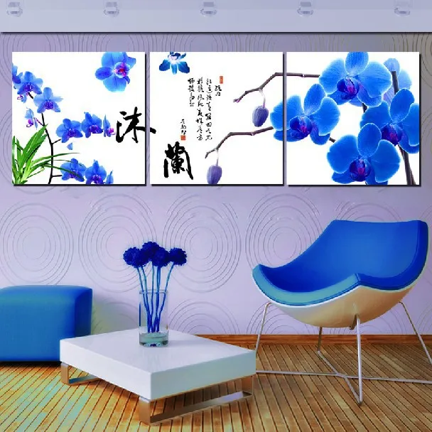 3 Panel Hot Sell Modern Wall Painting Home Decorative Art Picture Paint on Canvas Prints Charming blue orchid and Chinese | Дом и сад
