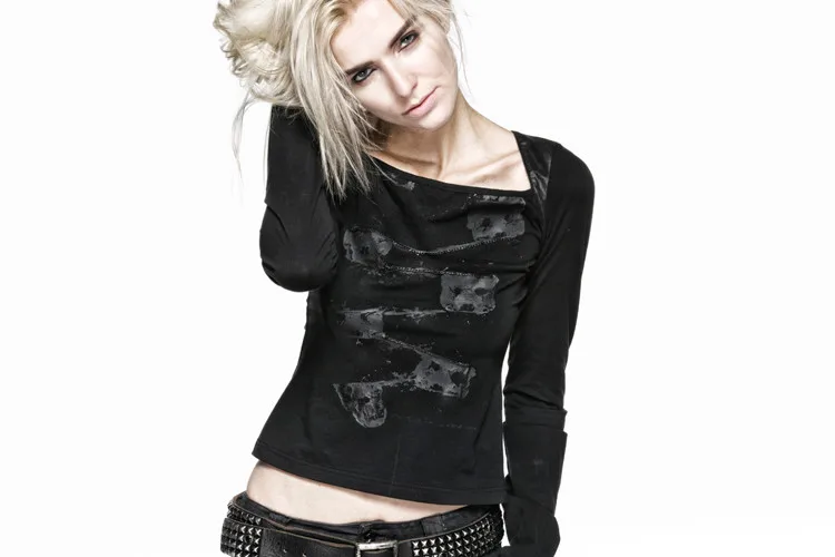 Панк рейв женская панк рок череп печать футболка уличная Готическая мода длинный рукав открытая спина сексуальные топы рубашка