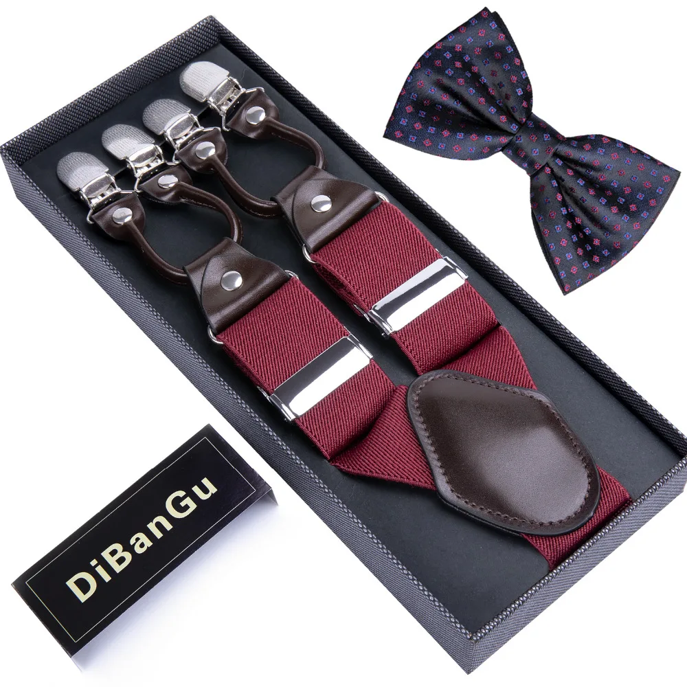 DiBanGu Men's Suspenders 6 Clips Braces Leather Suspensor Adjustable Belt Strap Vintage Mens Suspender Bowtie Set BH001-LH020