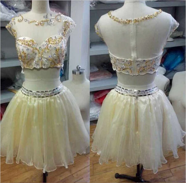 BrotherFunShort Sexy Champagne Two Piece Prom Dresses With Crystals Beaded A-Line Elegant Pron Dress Party Gown Chiffon 2015 New | Свадьбы и