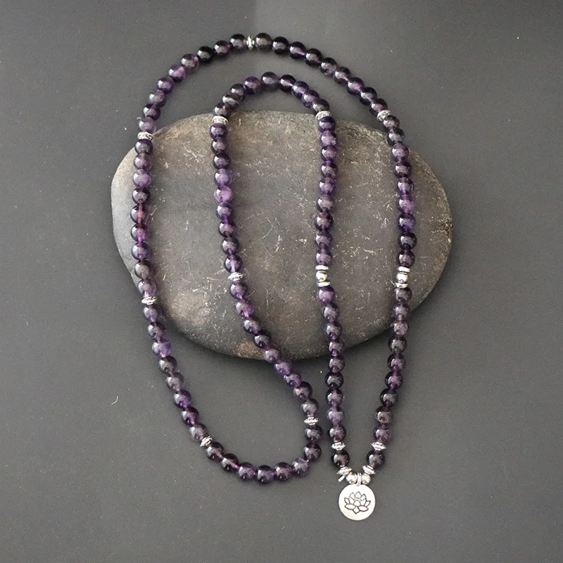 

Boho Women Meditation Jewelry Luxury Design Purple Natural Amethy Stone 108 Mala Lotus Bracelet Reiki Spiritual Buddha Bracelet