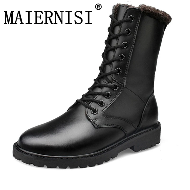

Retro Combat Boots Winter Plush British Style Real Leather Military Boots Charm Low Heels Snow Men Boots Big Size 37-52