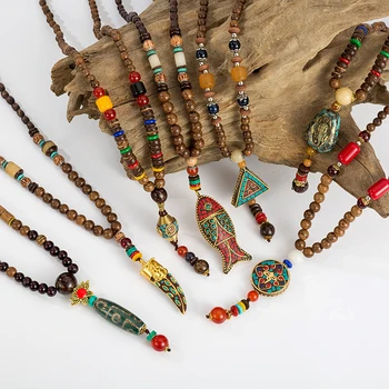 Handmade Nepal Necklace Buddhist Mala Wood Beads Pendant & Necklace Ethnic Geometric Long Strand Statement Jewelry Women Men