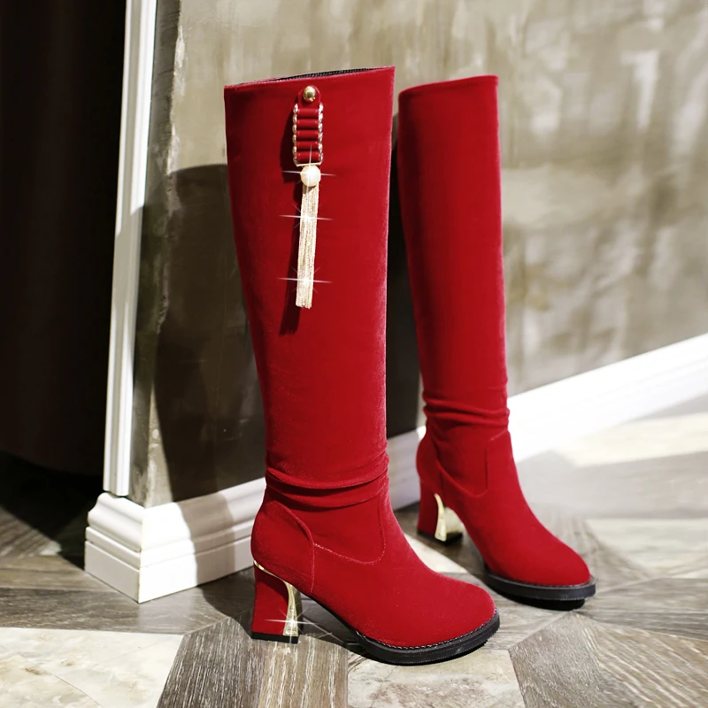 Большие размеры 34-43; женские ботинки; женская обувь; Модные женские зимние сапоги на высоком каблуке для вечеринок; цвет черный, синий, красный