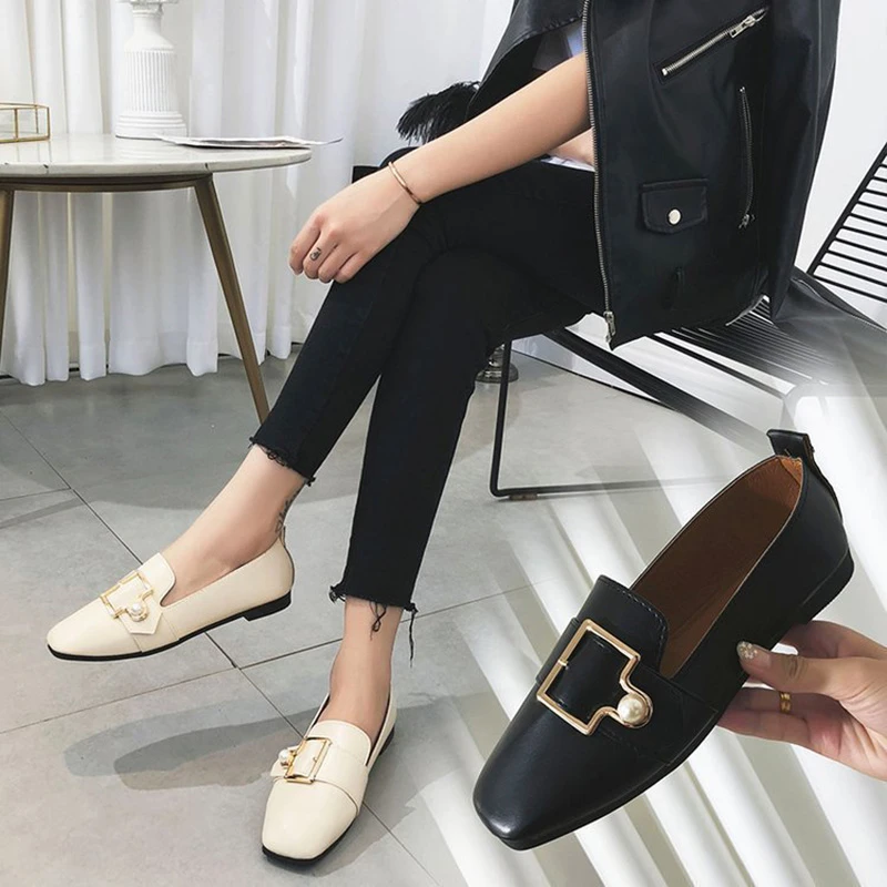 2019 Primavera Verano Casual mujeres sólidas Slip On Square Toe mocasines zapatos de cuero con blanco de cristal negro mujeres Brogues|Zapatos de mujer| - AliExpress