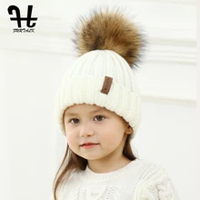 FURTALK Kids Raccoon Fur Beanie Hat Winter Knitted pompom Hat Unisex Kids Gils Boys Autumn Warm