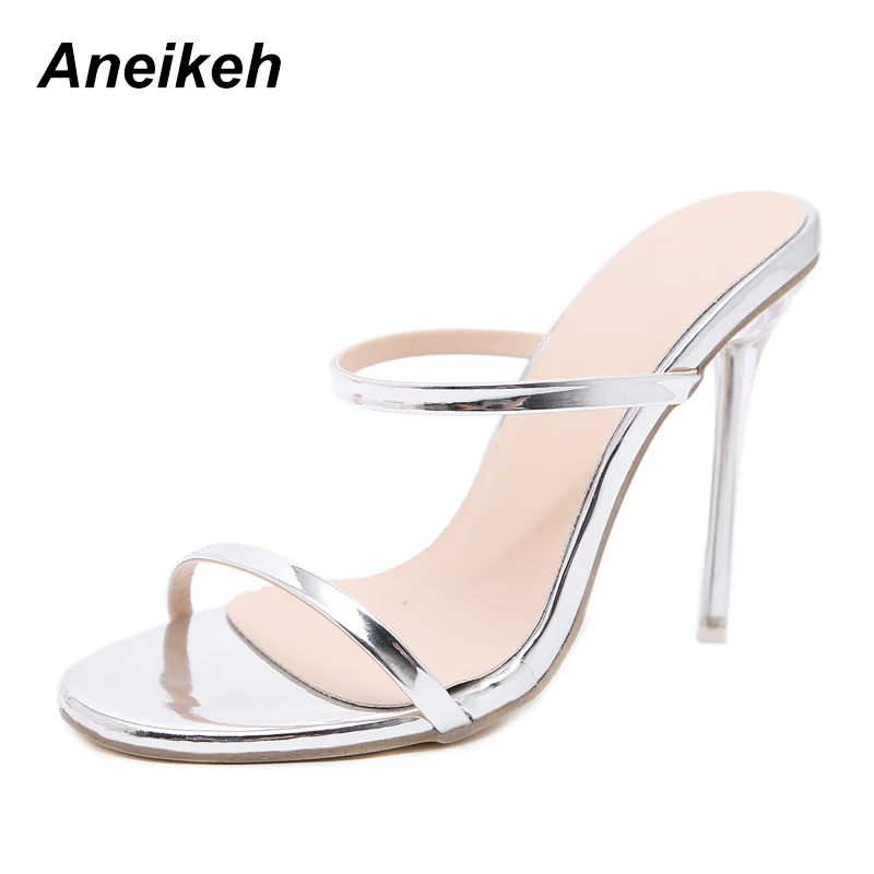 

Aneikeh 2018 New PU Bling Sandals Open Toed Sexy Thin Heels Crystal Women Transparent Heel Sandals Slippers Pumps Size 35-40