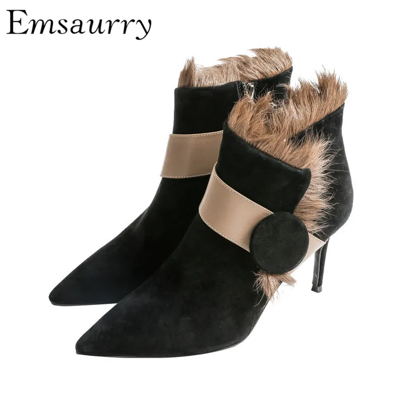 

Autumn Winter Suede Short Booties For Women 8cm Stiletto Heel Point Toe Belt Button Fur Ankle Boots Women