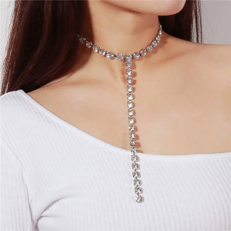 

Y Pattern Personalized Chokers for Girls Long Rhinestone Chain Pendants Tie Necklaces NT068