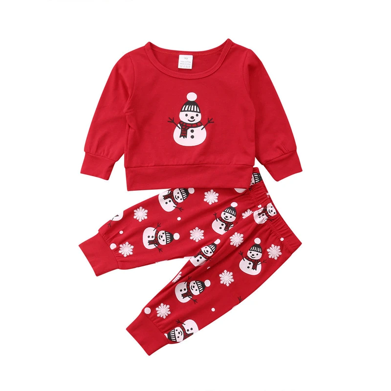 Новорожденных для маленьких девочек мальчиков унисекс Рождественский снеговик печатных Топ пуловер рубашка и брюки 2 шт. Повседневное