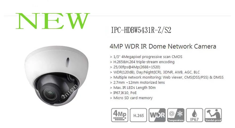 Free Shipping DAHUA Security IP Camera CCTV 4MP WDR IR Dome Network Camera IP67 IK10 With