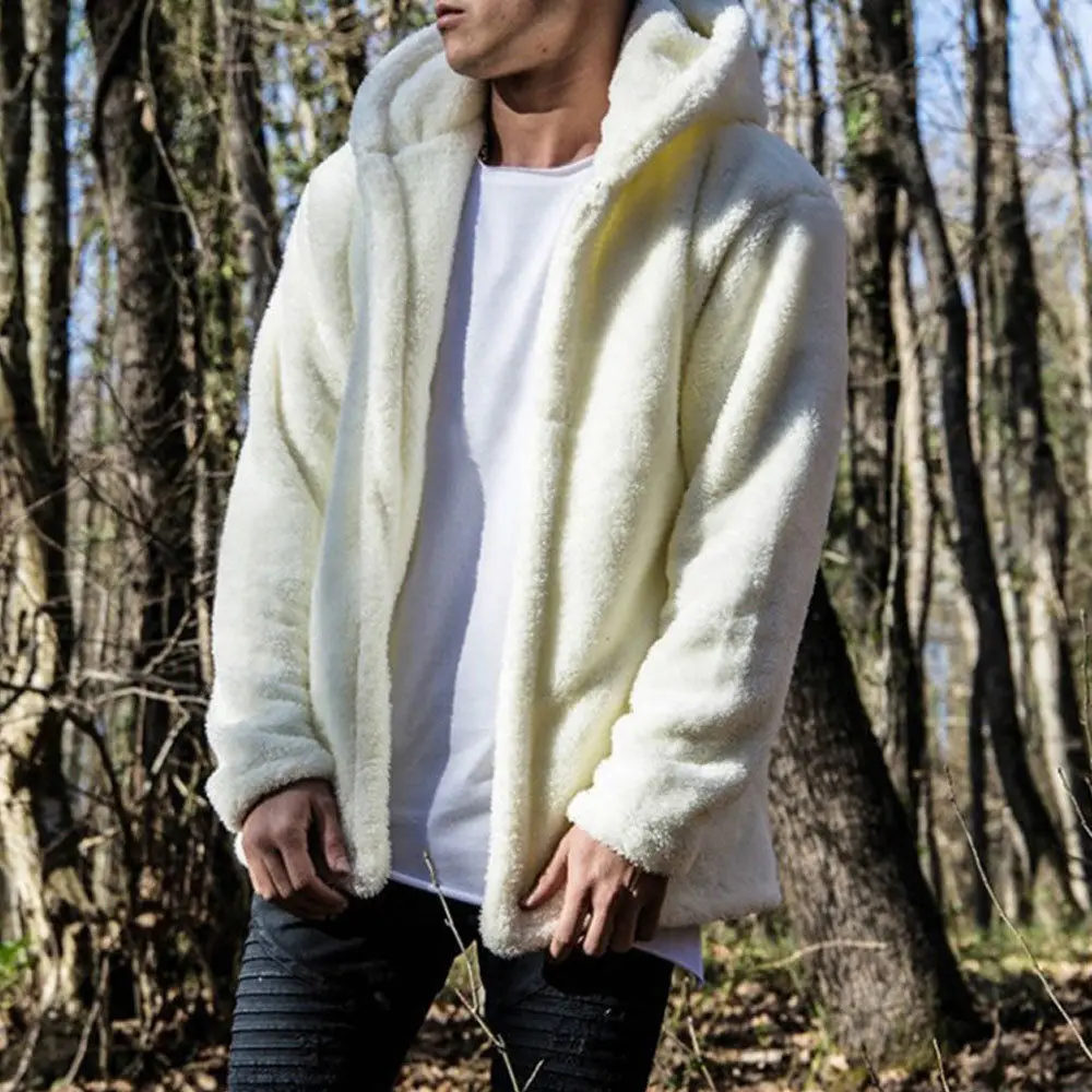 Мужская теплая зимняя плюшевый медведь карман с капюшоном пушистое пальто флисовые меховые куртки для улицы толстовки - Цвет: Белый