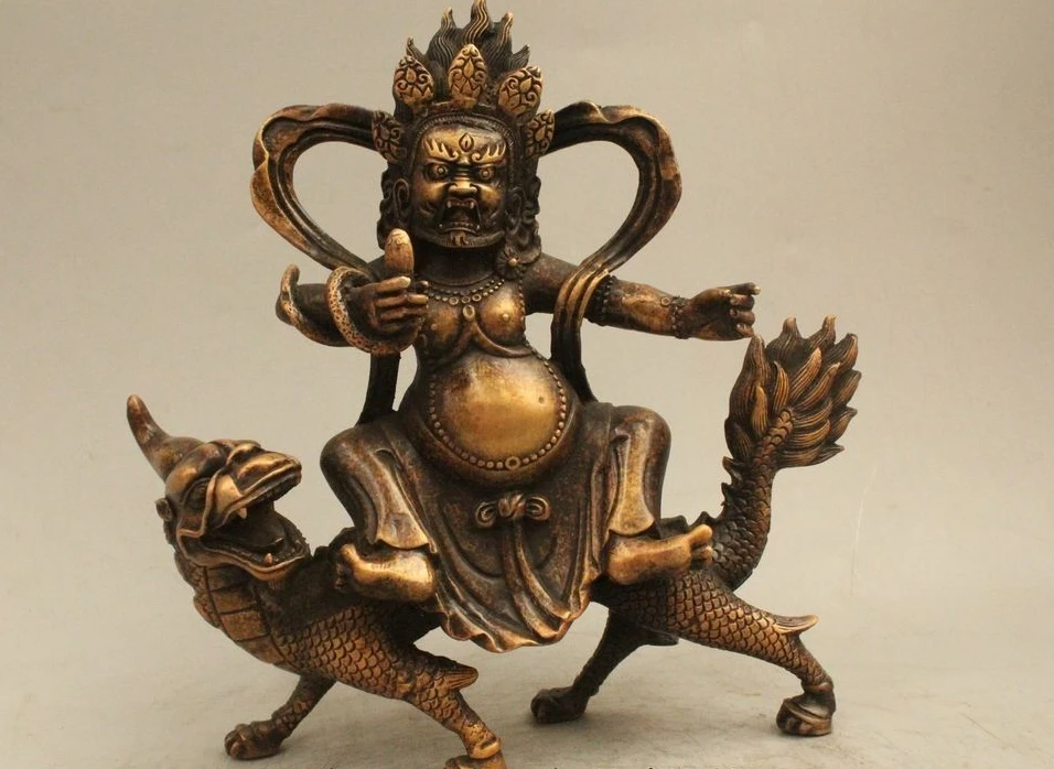 

8.5"Tibet Buddhism Bronze Vaishravana On Foo Fu Dragon Protector Deity Statue