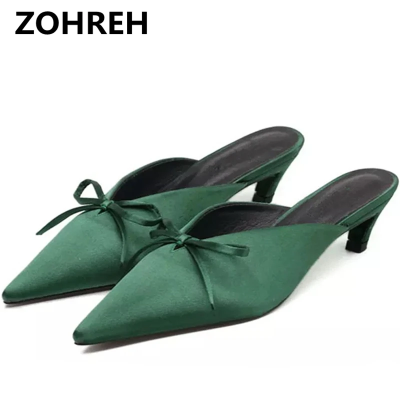 

2018 Bowtie Mules Pointed Toe Women Pumps High Heels Slip on Kitten Heel Chic Women Mules Elegant Office Shoes Women