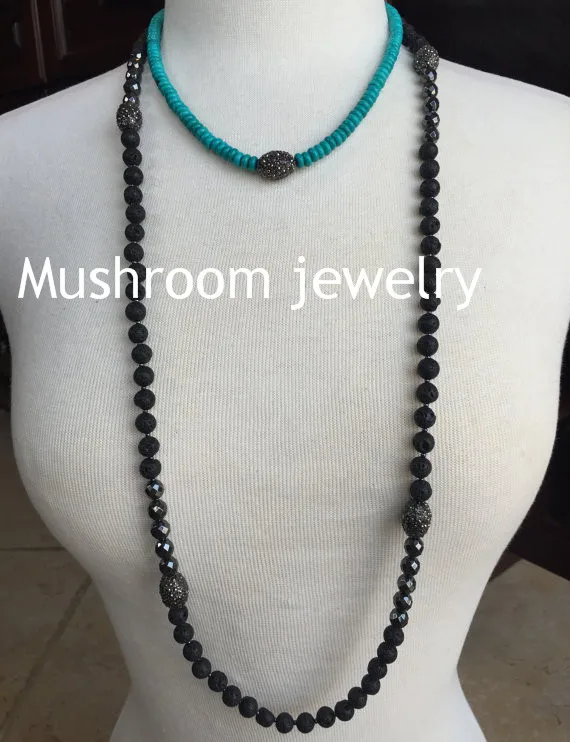N00256Single Wrap Layering Necklace. Black Lava Beads with Faceted Hematite and Pave Crystal Gunmetal Ovals (1)