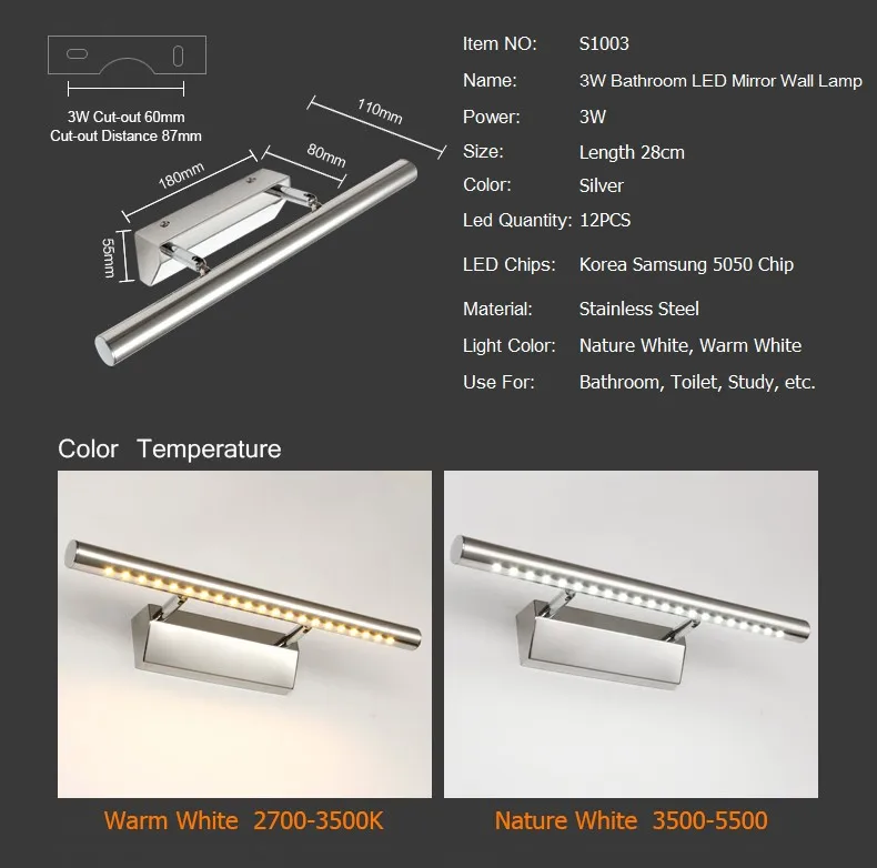 Fashion 3W Bathroom LED Mirror led wall lamp Light SMD5050 Mini Style Warm White LED modern Wall Lamps lampada de led wholesale (1)