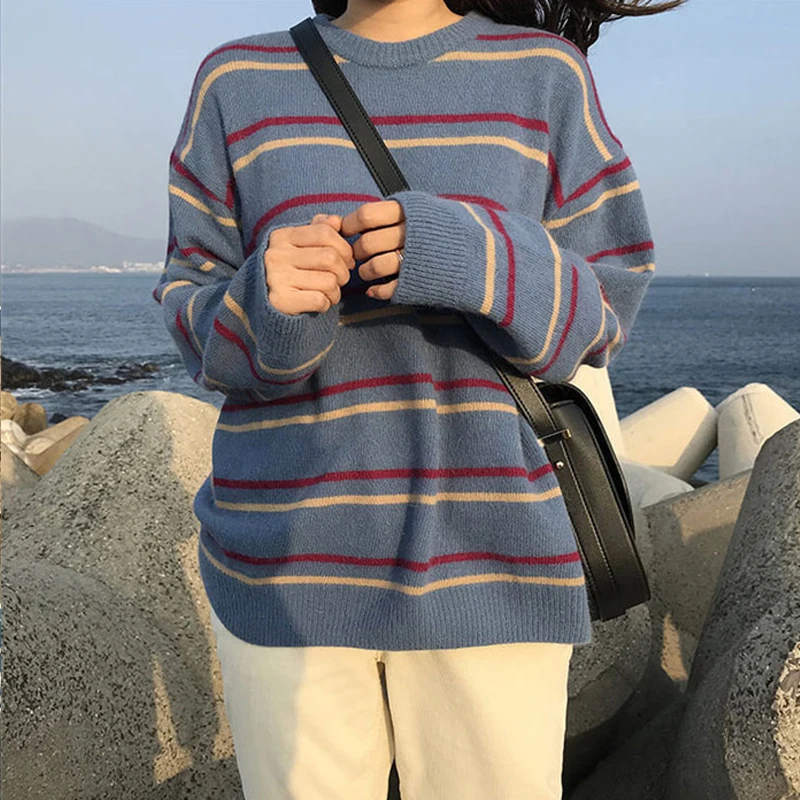 Woherb корейский Ulzzang вязаный свитер женский свободный полосатый принт винтажный пуловер осень зима Повседневный джемпер Pull Femme