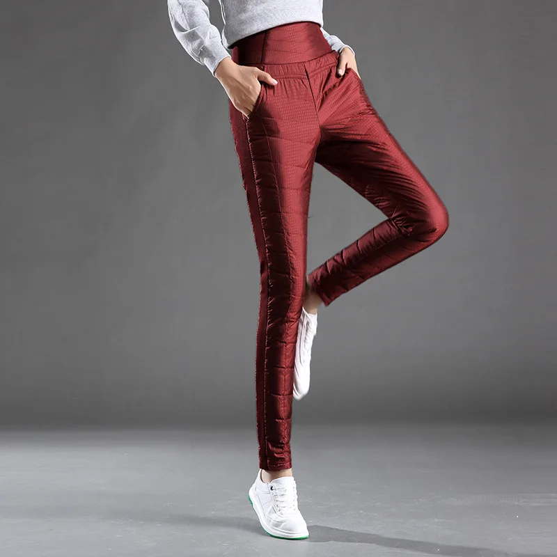 Зимние женские пуховые штаны, уличные женские брюки на белом утином пуху, узкие плотные однотонные водонепроницаемые теплые штаны с высокой талией 4XL - Цвет: red