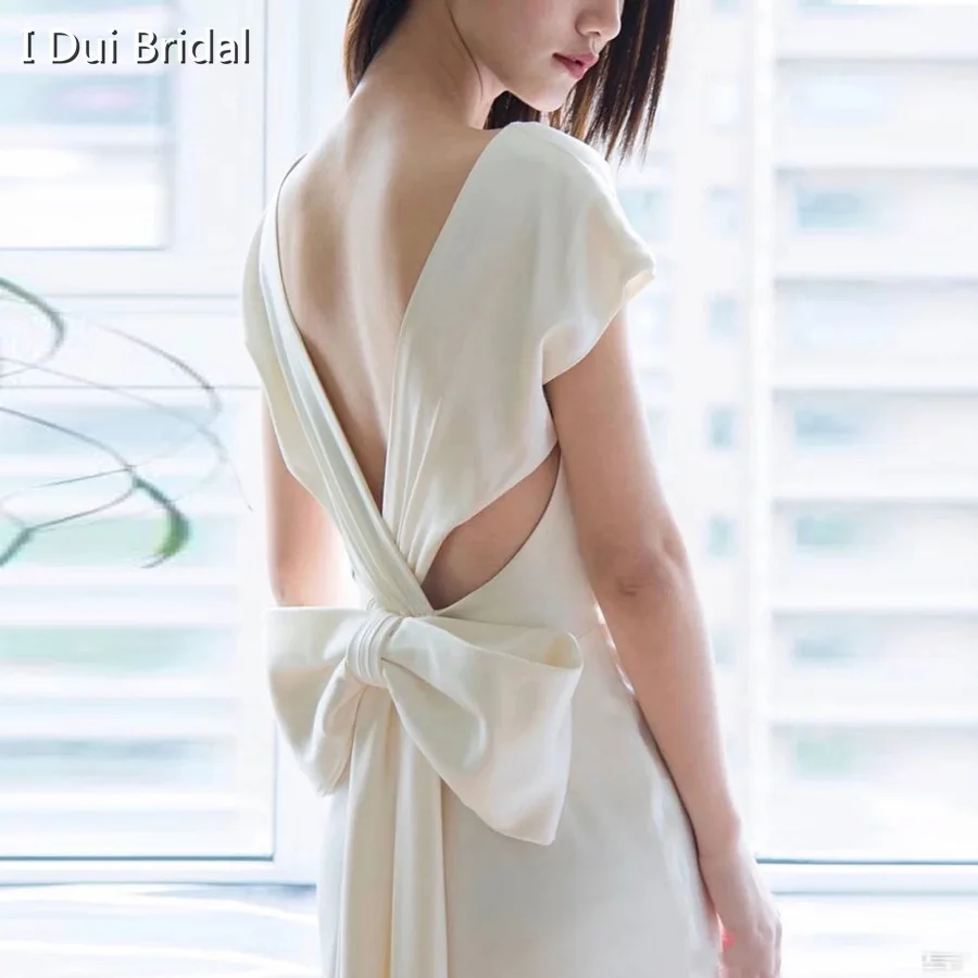 Simple Wedding Dress Casual Wear Boho Style V Neck Bow Tie Back Spandex Satin Short Sleeve New Simple Wedding Dress Casual Wear Boho Style V Neck Bow Tie Back Spandex Satin Short Sleeve New