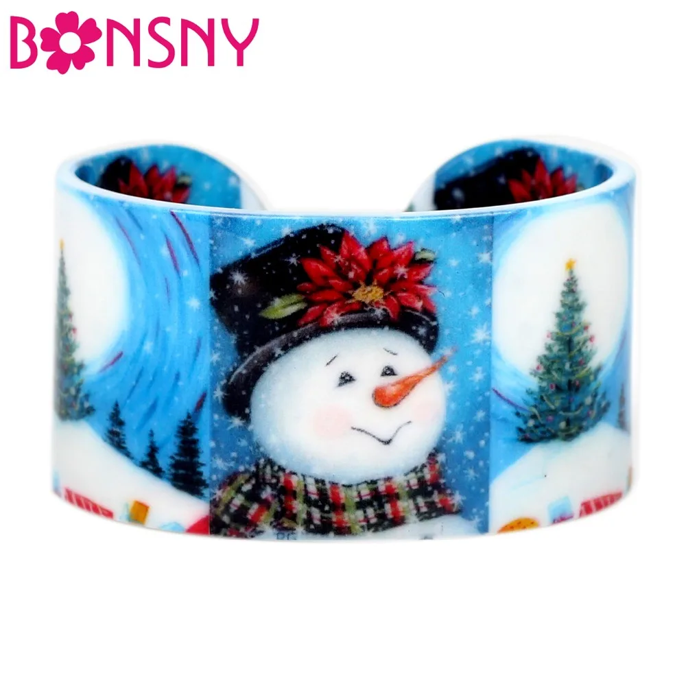 Bonsny акриловый Рождественский счастливый снеговик дерево браслеты мультфильм