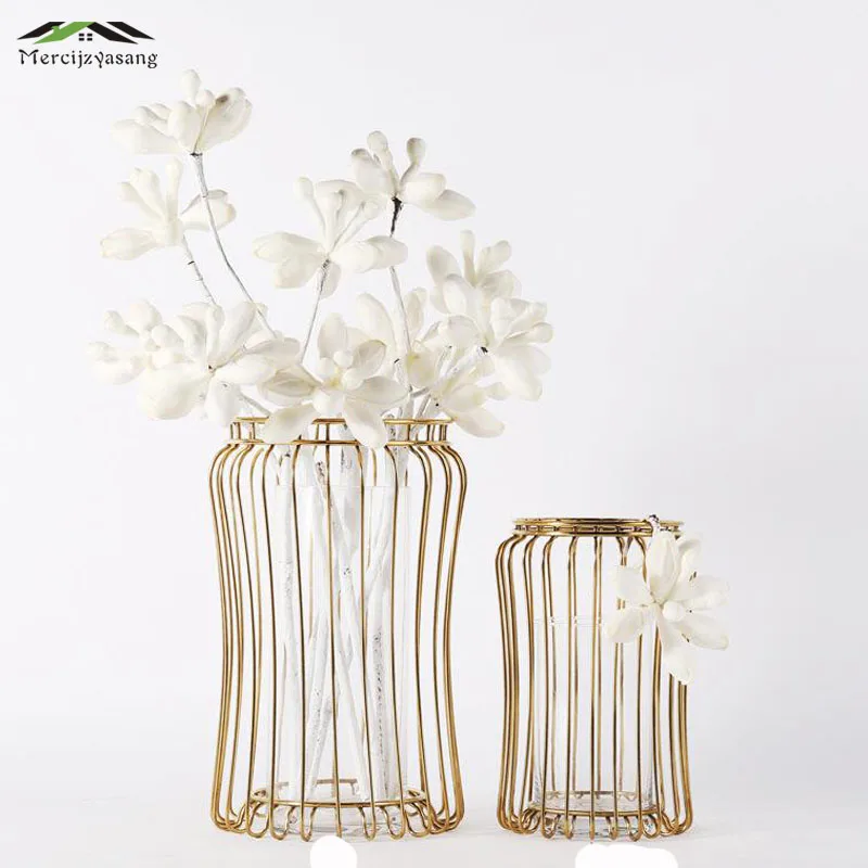 2Pcs/Set Table Vases Europe Metal Gold Flower Vase Geometric Shape