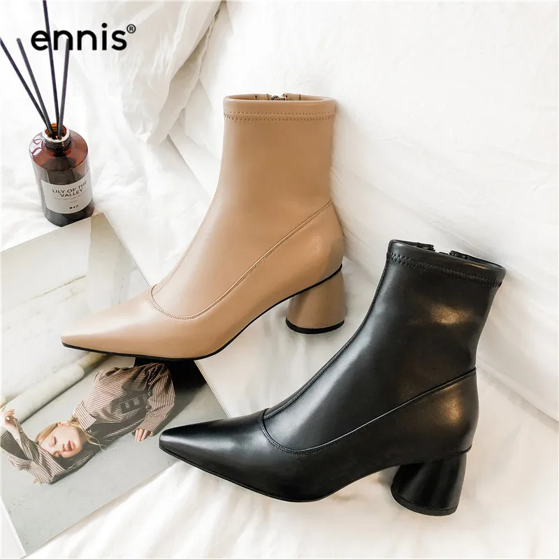 ENNIS Fashion Stretch Ankle Boots Women High Heel Boots Genuine Leather Boots Pointed Toe Shoes Autumn Winter Black A985