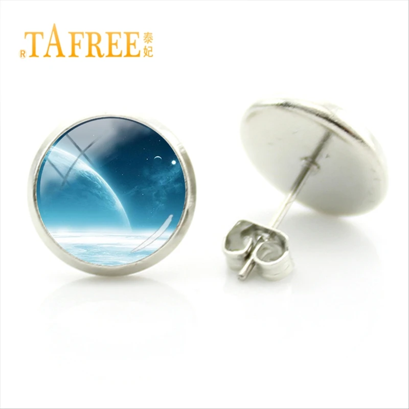 

TAFREE Charm Fashion Style Stud Earrings Solar System Planet Universe Art Picture Glass Cabochon Dome Women Gift Jewelry ZY185
