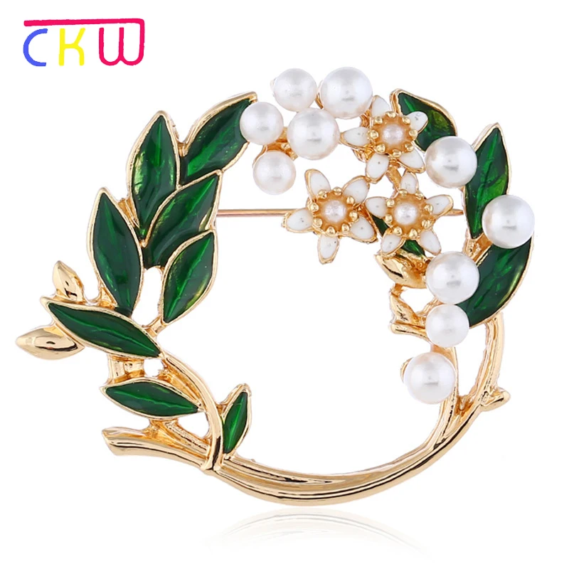 CKW Boho Модные Зеленые листья жемчуг шарф жемчуга для женщин брошь в виде простой