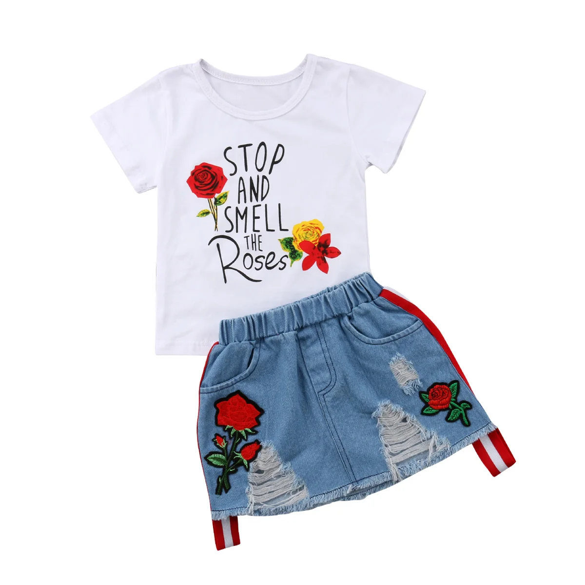 

Kids Baby Girl Summer Clothes Outfits T-shirt Tops+Denim Skirts Sundress 2PCS Set Size 2-6T