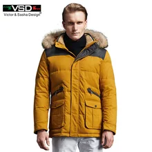 VSD Зимние Толстые Теплые Куртки и Пальто Для Мужчин Модный Утолщение Пуховик с Натуральным Меховым Капюшоном Парки с Сьемной Шапкой Короткая Длина Европейский Пошив Желтый Цвет Русский 3ХЛ TC8869