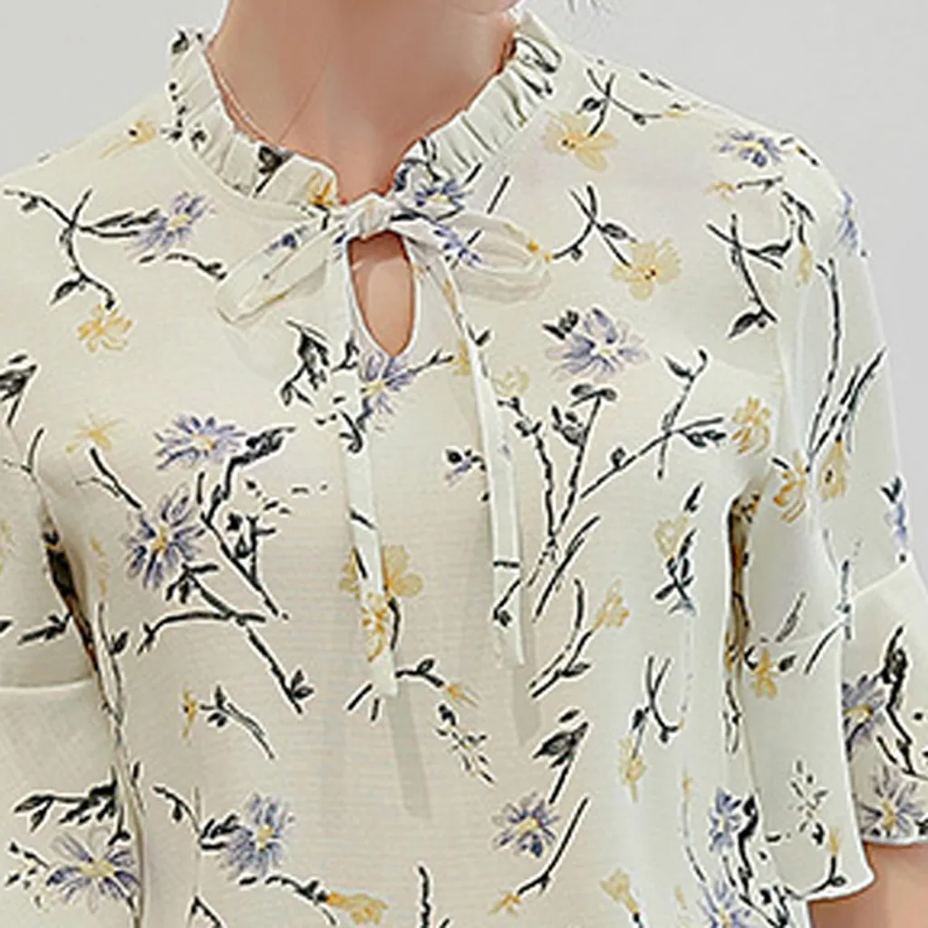 CHAMSGEND, женская шифоновая блузка, рубашка,, летняя, для работы, офиса, с расклешенными рукавами, галстук-бабочка, цветочный принт, шифоновая футболка, топ, Mar13