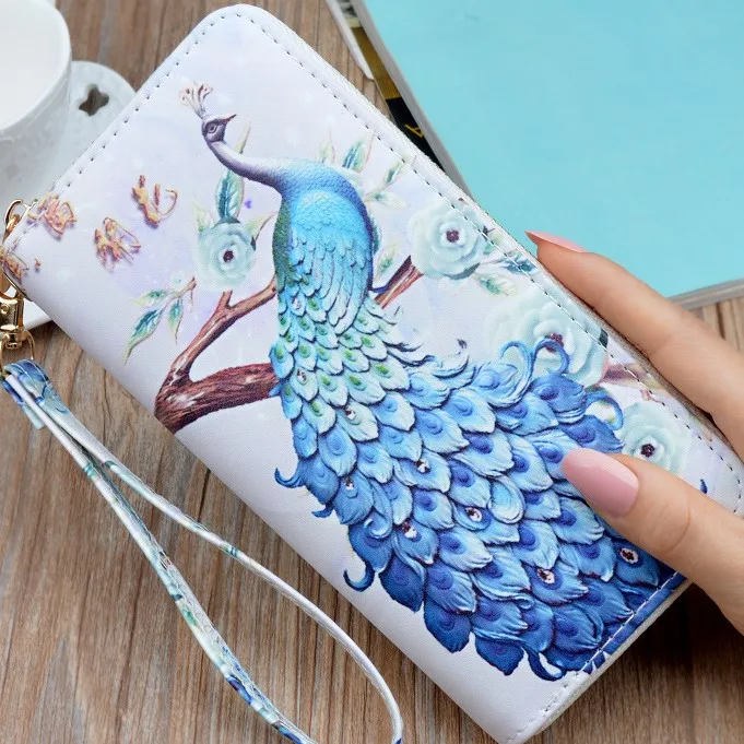 

Hot Sale Women Clutch Leather Wallet Long Wallet Zipper Purse Strap Money Bag Pavo Real Wallets For Women Billetera Mujer