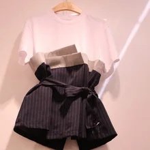 Лето, порт, темперамент, тонкая Праздничная футболка, две женские полосатые Лоскутные кружевные рубашки с бантом