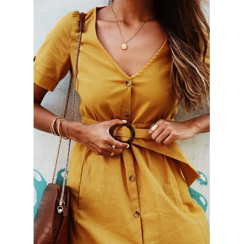 

Spring Summer V Neck Elegant Short Sleeve Solid color Stripe Button Sashes Dresses Casual Yellow Long Dress