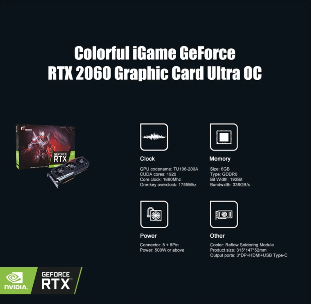 Оригинальная Красочная видеокарта iGame GeForce RTX 2060 Ultra OC для игр, 6 ГБ, GDDR6, 192 бит, 1755 МГц, одна клавиша, карта разгона