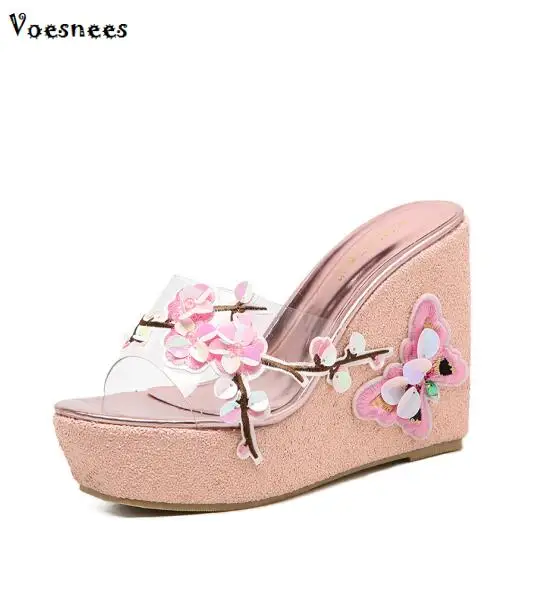 

Women Slippers PVC Transparent Clear Flowers Sequins Platform Wedge Thick Sole Sandals high heels 11CM Mules Summer Beach Shoes