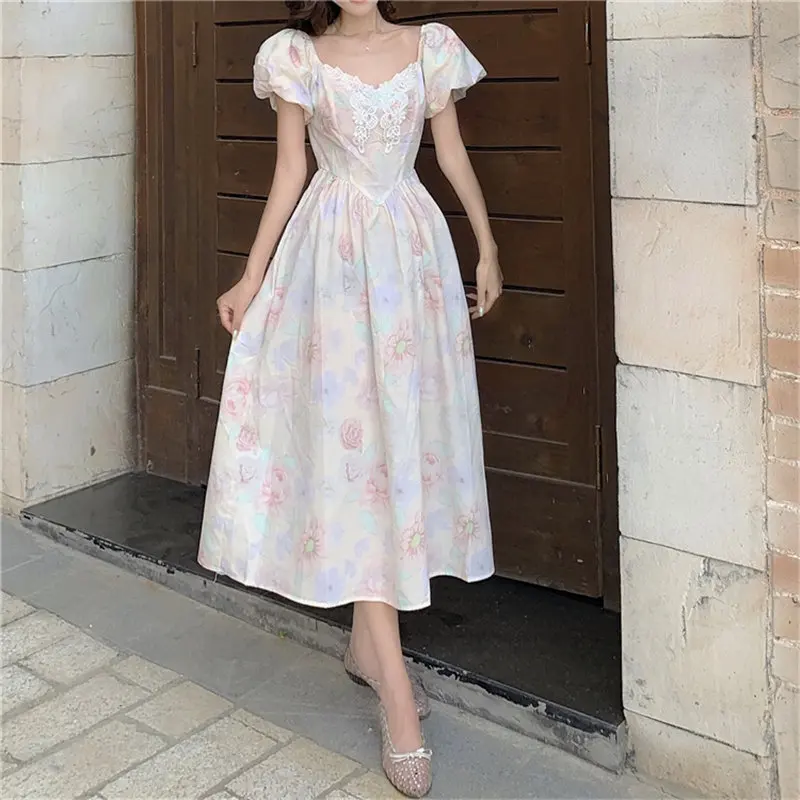

Alien Kitty 2019 Palace Style Print Floral V-Neck Elegant Waist-Controlled Simple High Waist Lantern Sleeves A-Line Long Dresses