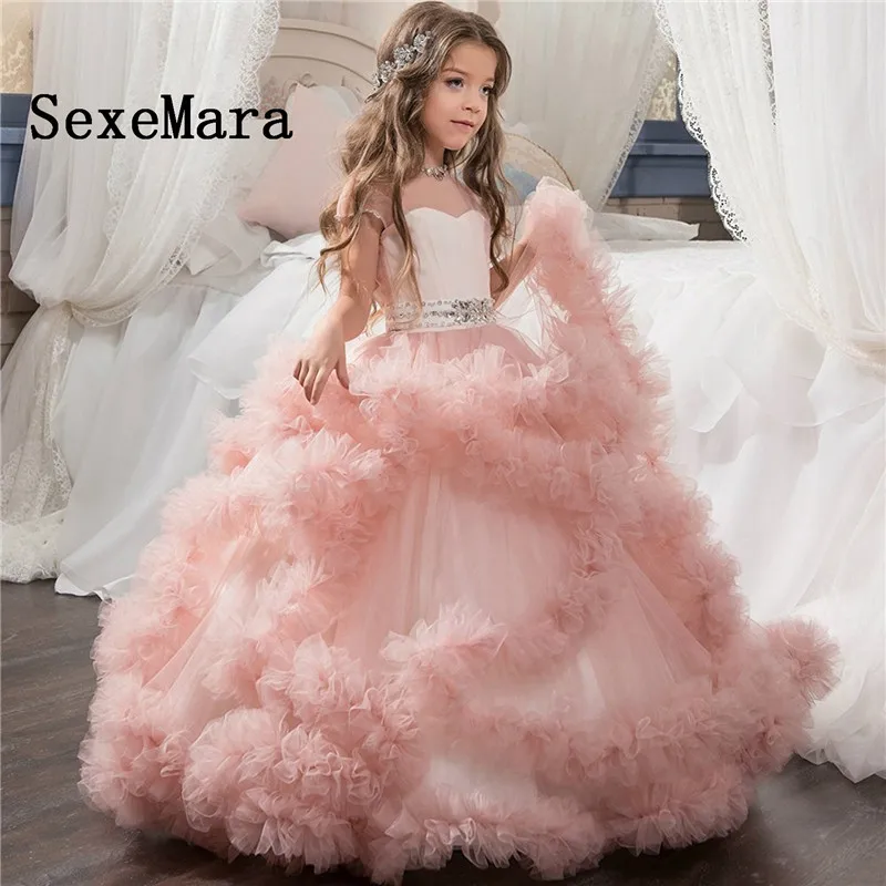 

New Fancy Puffy Pink Pageant Dresses for Girls Long Kids Birthday Party Gowns Vestido de Flower Girl Dresses for Wedding