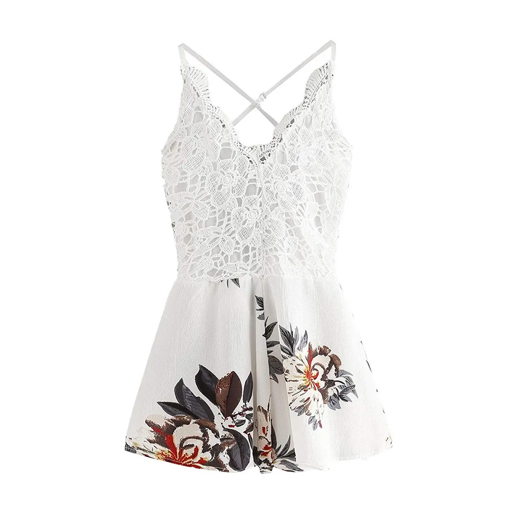 

Fashion Woman Lady Beauty Cute Eleagnt Silm Casual Beach Sleeveless Strap Print Lace Short Jumpsuit Combinaison Pantalon Femme 5