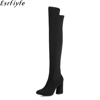 

ESRFIYFE 2018 New Women Flock Thigh High Boots Sexy Fashion Over The Knee Women Boots Square High Heels Mixed Color Shoes Woman