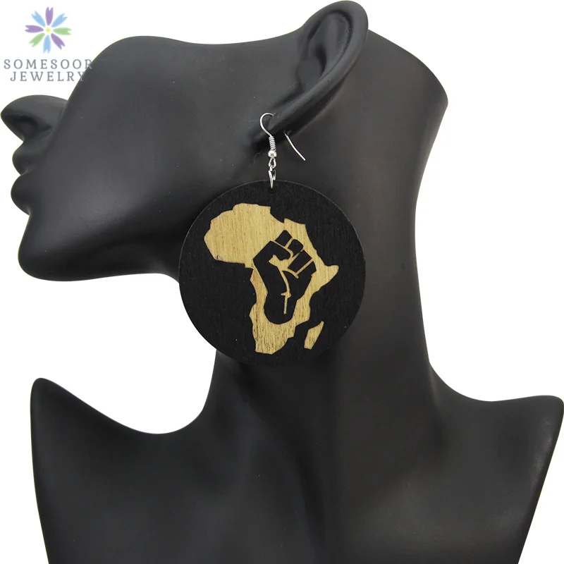 

SOMESOOR Large Carved Wooden Drop Earrings African Motherland Fist Map Trendy Afrocentric Ethnic Dangle Jewelry For Women Gifts