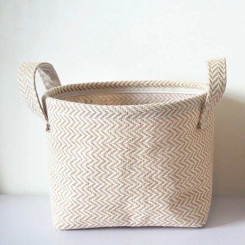 WCIC Folding Storage Basket Cotton Linen Handle Jute Basket Makeup Box Retro Style Hanging Bags Mini Desktop Storage Bag