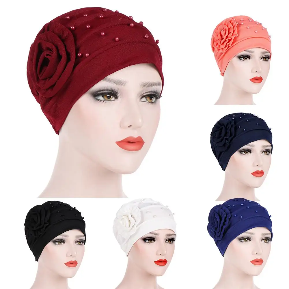 

1 Pc Floral Faux Pearl Islamic Muslim Women Hijab 8 Colors Fashion Women Flower Back Turban Hat Headwrap