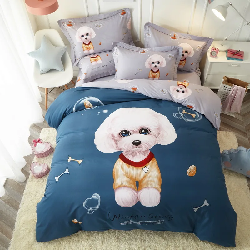 

Cute Cartoon Dog Print Bedding Set Twin Queen King Size Brushed Cotton Kids Dorm Bedroom Textiles for Single Double Bed