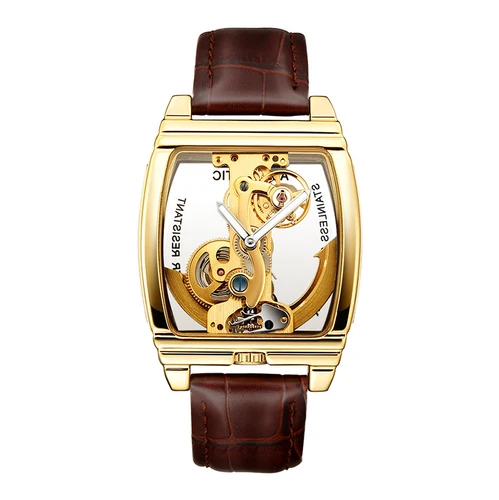 Новые прозрачные прямоугольные часы Мужские автоматические механические Tonneau полые часы Модные индивидуальные кожаные трендовые часы - Цвет: Gold-brown
