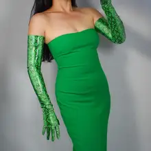 Женские длинные перчатки зеленого цвета из искусственной кожи со змеиным принтом, женские сексуальные Клубные вечерние платья, модные длинные перчатки 70 см R1562