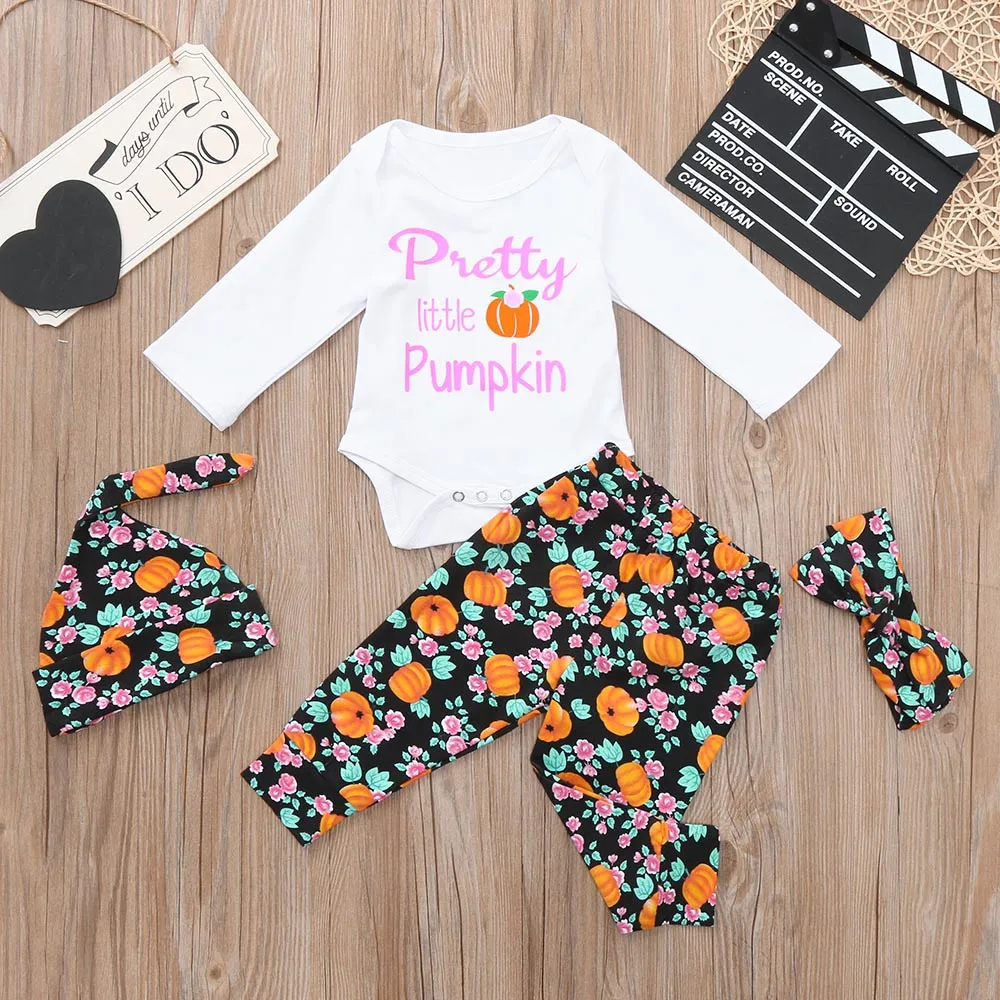 

MUQGEW Newborn 4Pc Toddler Infant Baby Girls Boys Clothes Letter Pumpkins Romper Halloween Outfits Set Clothing Kds Winter 6-24M