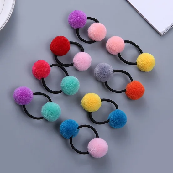 16 Pcs 8 Pairs Colored Pom Ball Elastic Hair Ties Girls' Ponytail Holder Kids Hair Bands Accessories Children's Hair Accessories