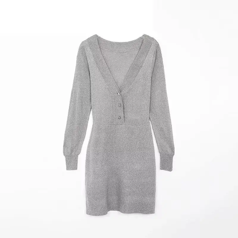 

2019 Summer Dazzle Glitter Knitted Dress V Neck Touch Fabric Threaded Sleeve Casual Stretch Pencil Dress